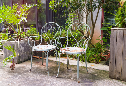 old steel chairs standing in a beautiful garden at sunny day.