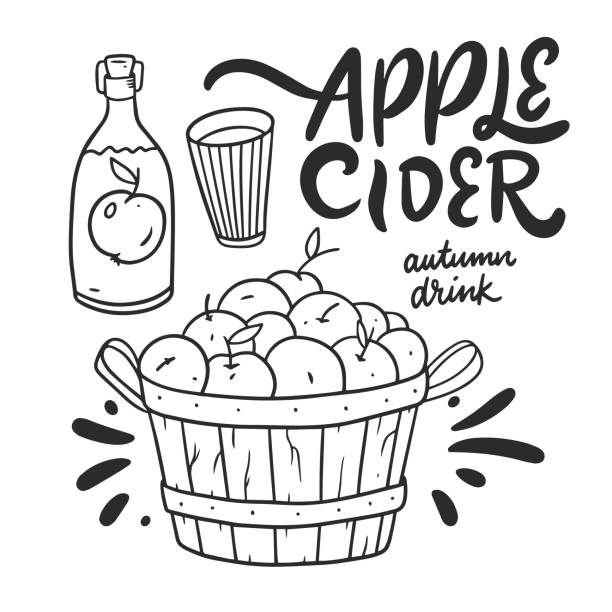 애플 사이다. 블랙 컬러 라인 아트 벡터 일러스트레이션. - cider stock illustrations