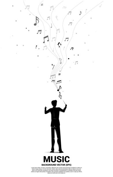 Vector silhouette of conductor standing with flying music note . Concept background for orchestra concert and recreation. conductor baton stock illustrations
