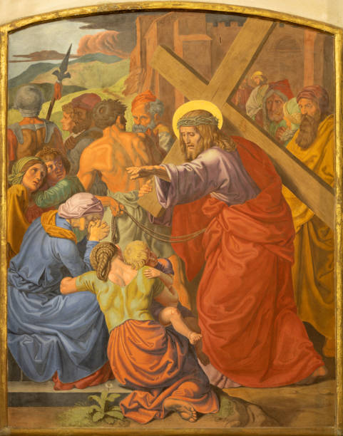 viena - el detalle del fresco de jesús se encuentra con las mujeres de jerusalén como parte de la estación de vía de la cruz en la iglesia de san juan el nepomuk por josef furlich (1844 - 1846). - station of the cross fotografías e imágenes de stock