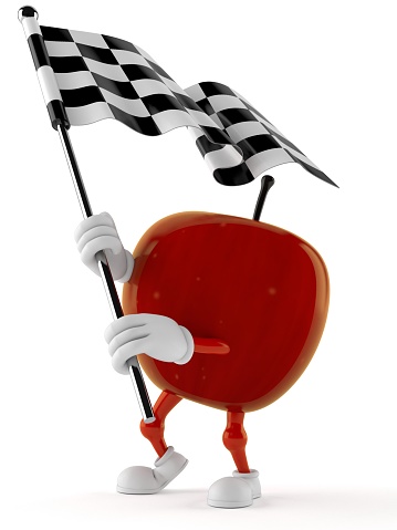 Apple character waving race flag isolated on white background. 3d illustration