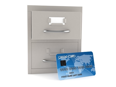 Archive with credit card isolated on white background. 3d illustration
