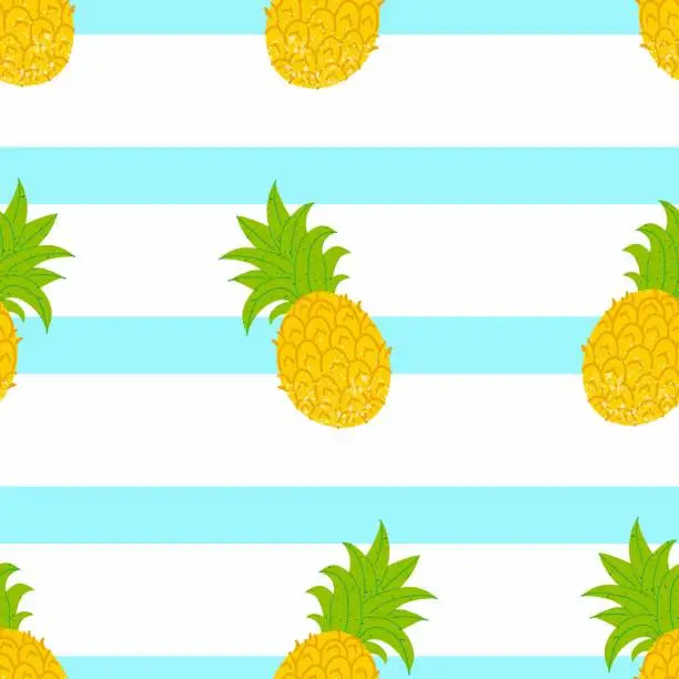 Vector illustration of Pineapple seamless pattern. Exotic tropical fruit with stamp texture, fresh whole juicy yellow ananas, decor textile, wrapping paper wallpaper fabric vector texture white blue striped background