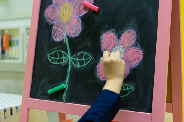 istock Teacher drawing flower with colored chalk on black board 1286268381