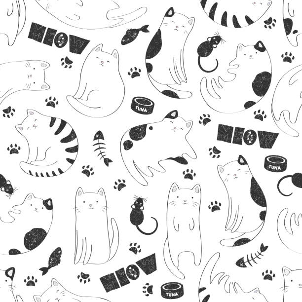 bezszwowy wzór wektorowy z czarno-białymi uroczymi kotami, kośćmi rybnymi, łapami kota, karmą dla zwierząt domowych na białym tle. projekt kochanka kota do druku, tkaniny, karty, tapety, opakowania - animal skeleton illustrations stock illustrations