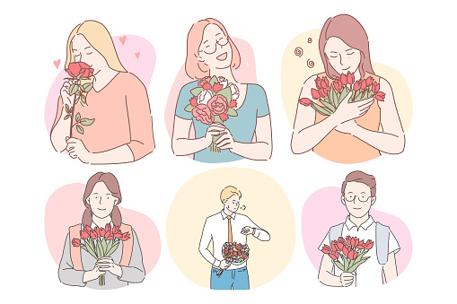 Flower bouquets as presents for women concept. Happy smiling women cartoon characters holding flowers bouquets as gifts for holiday and men preparing flowers for dear women for dating