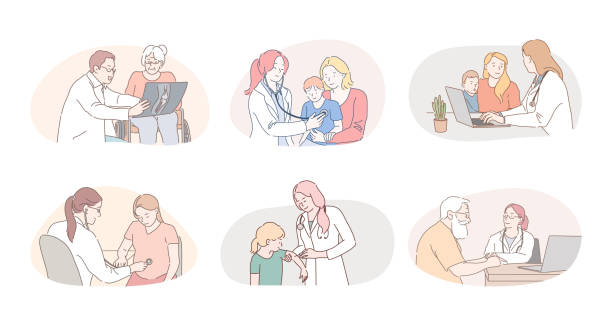 ilustraciones, imágenes clip art, dibujos animados e iconos de stock de medicare, atención médica, terapeutas, pediatras concepto de trabajo - child illness doctor medicine