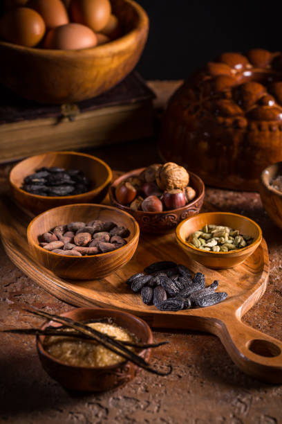istock Different baking ingredients, spices and kitchen utensils in vintage style 1286270348