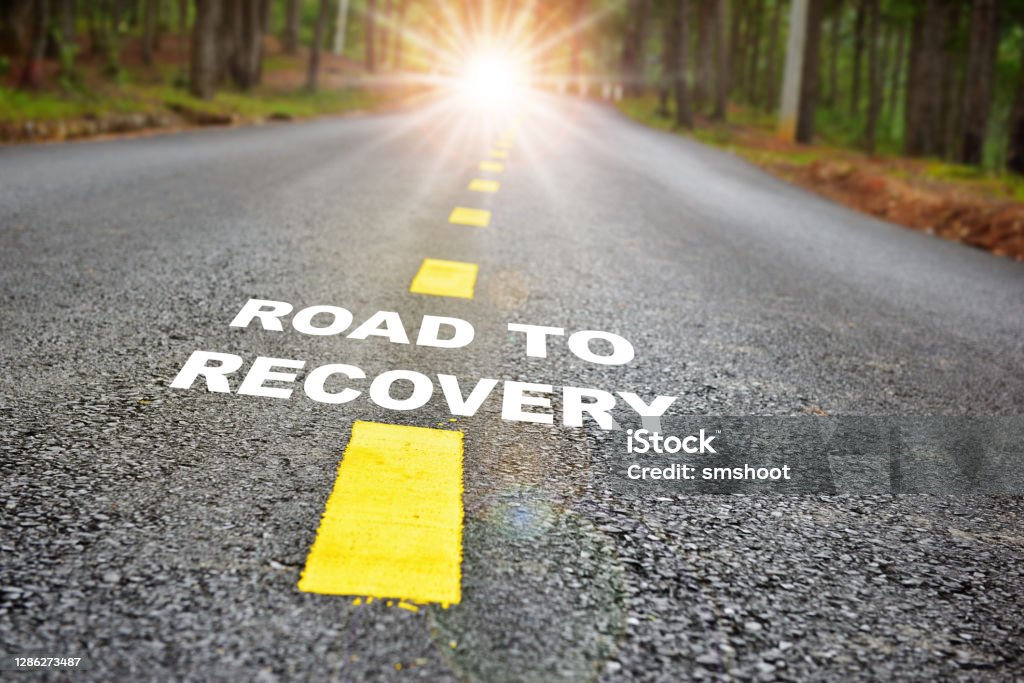 Road to recovery with sunbeam Challenge with success concept and natural background idea Recovery Stock Photo