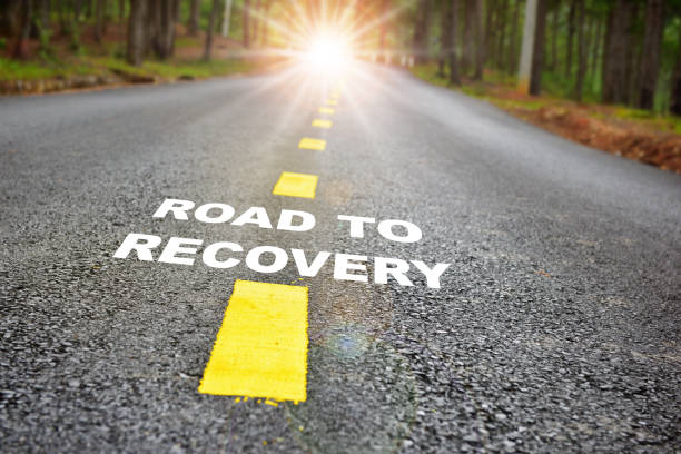 Road to recovery with sunbeam Challenge with success concept and natural background idea dependency stock pictures, royalty-free photos & images