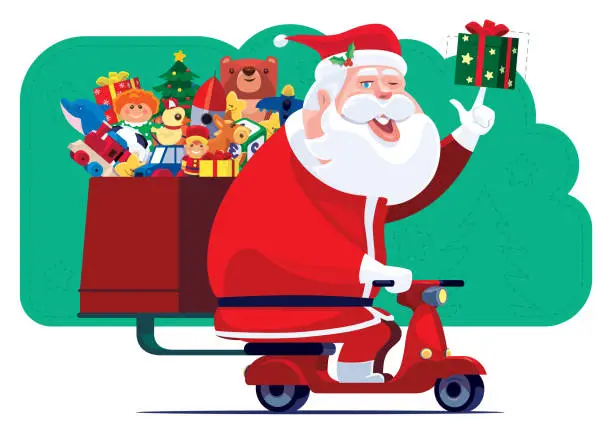 Vector illustration of Santa Claus with toys and gifts on scooter