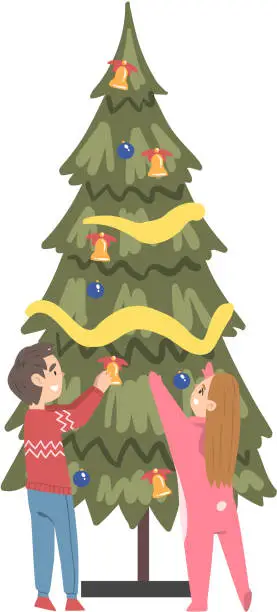 Vector illustration of Kids Decorating Christmas Tree with Baubles and Garland, Boy abd Girl Preparing for Holiday Celebration, Merry Xmas and New Year Cartoon Style Vector Illustration