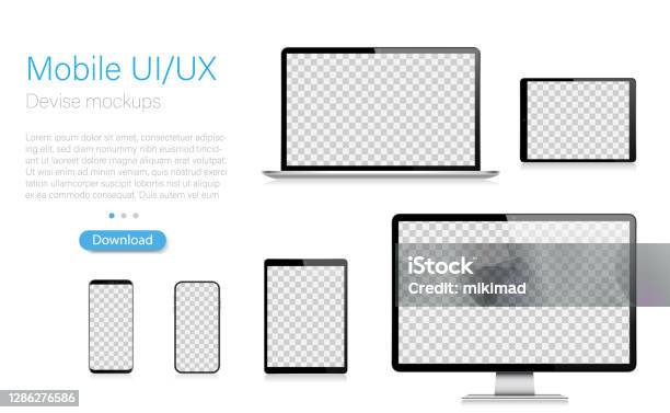 Realistic Vector Mockup Digital Tablet Mobile Phone Smart Phone Laptop And Computer Monitor Modern Digital Devices Eps 10 Stock Illustration - Download Image Now