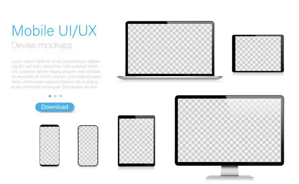 Vector illustration of Realistic Vector Mockup Digital Tablet, Mobile Phone, Smart Phone, Laptop and Computer Monitor. Modern Digital Devices. EPS 10.
