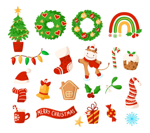 Christmas kids cartoon set vector Christmas or New Year kids clipart - Christmas tree, cute cow or white ox, wreath, bell, candy cane, cake, stocking, gingerbread house, decorations, festive rainbow, mistletoe - vector isolated images bull pine stock illustrations