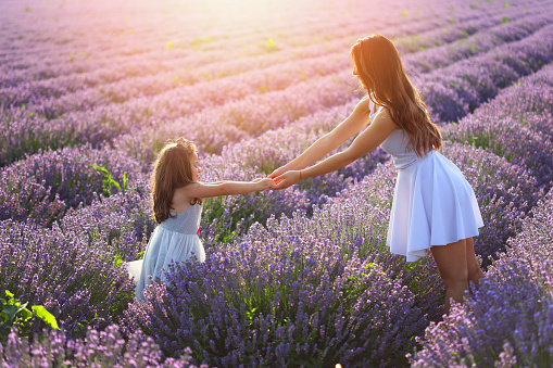 Happy mother and daughter in a field of blooming lavender