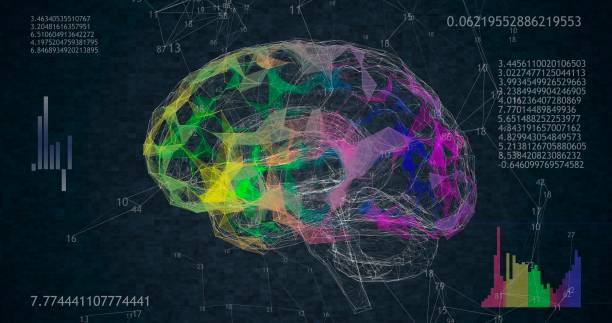 istock low polygonal brain 3D model on black background with animated numbers and diagrams. 3D illustration 1286277931