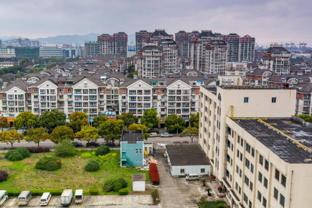 Modern residential area with tall buildings in Ningbo City, Zhejiang, China stock photo