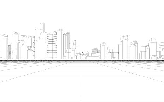 3d rendering of abstract wireframe cityscape with white background.