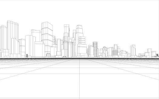 3d rendering of abstract wireframe cityscape with white background.