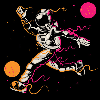 Astronaut playing soccer or football in space on black background. Sporty astronaut kick the ball between stars and moon planets galaxies. Good for print design t-shirt apparel poster children