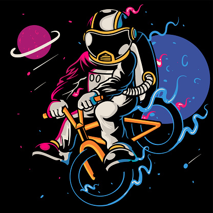 Sporty astronaut rides on bicycle at the moon. Spaceman astronaut with healthy lifestyle. Cartoon art for print design t-shirt apparel poster children. Hand drawn sketch vector illustration