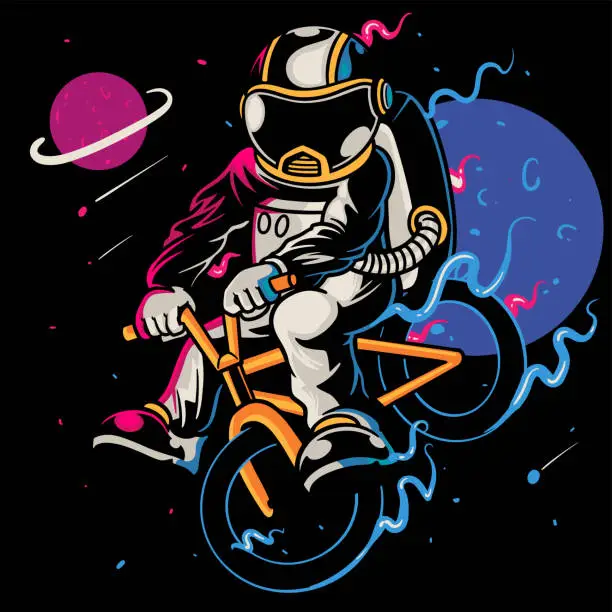 Vector illustration of Sporty astronaut rides on bicycle at the moon. Spaceman astronaut with healthy lifestyle. Cartoon art for print design t-shirt apparel poster children. Hand drawn sketch vector illustration
