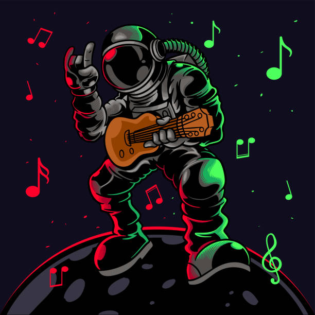 Astronaut playing guitar with metal symbol hand gesture. Cool dude astronauts spaceman play astro rock on electric guitar on a planet. Vector illustration for t-shirt prints, posters and other uses. Astronaut playing guitar with metal symbol hand gesture. Cool dude astronauts spaceman play astro rock on electric guitar on a planet. Vector illustration for t-shirt prints, posters and other uses. astronaut designs stock illustrations