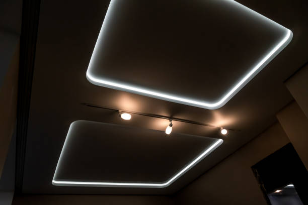 istock Beautiful stretch ceiling with led lighting. Two squares and lights 1286281636