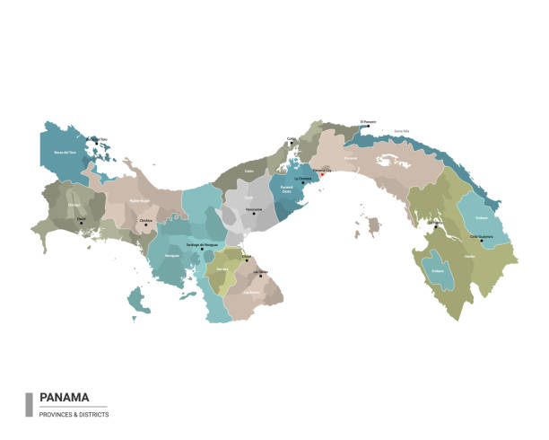 illustrazioni stock, clip art, cartoni animati e icone di tendenza di panama higt mappa dettagliata con suddivisioni. mappa amministrativa di panama con il nome dei distretti e delle città, colorata da stati e distretti amministrativi. illustrazione vettoriale. - panama