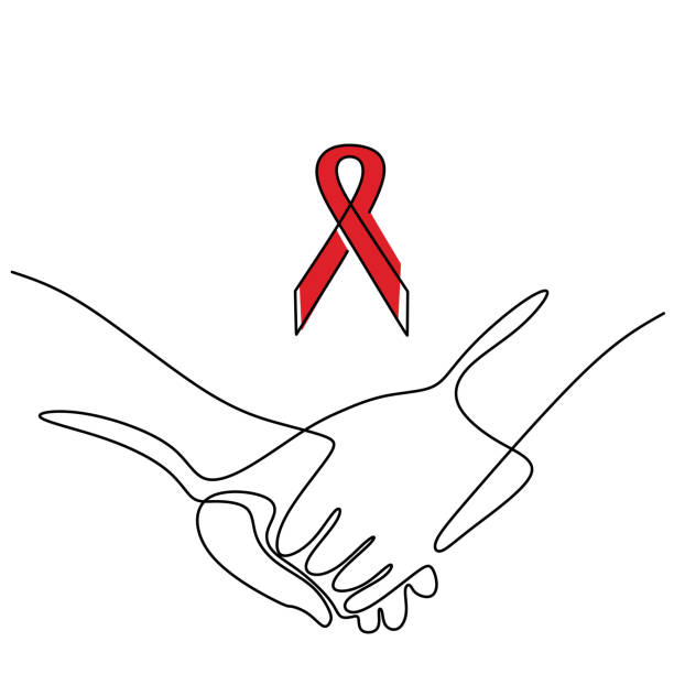 jeden rysunek linii strony trzymający się nawzajem, aby zapobiec pomocy z czerwonym symbolem wstążki. zapobieganie i ochrona aids hiv. światowy dzień walki z aids 1 grudnia. ilustracja wektorowa rysunek linii ciągłej - world aids day stock illustrations
