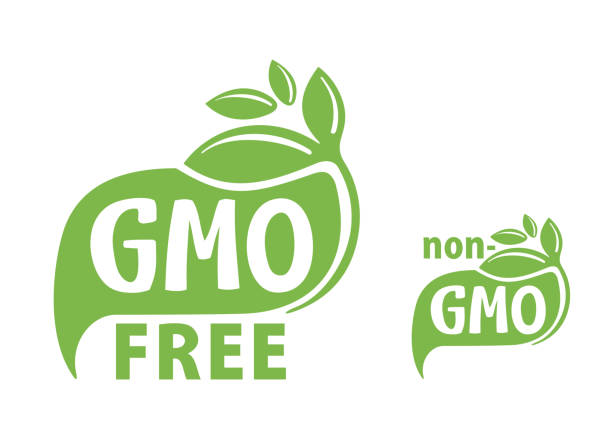 GMO free and non-GMO green flat eco-friendly stamp GMO free and non-GMO green flat eco-friendly sticker - isolated vector marking for healthy organic food products genetic modification stock illustrations