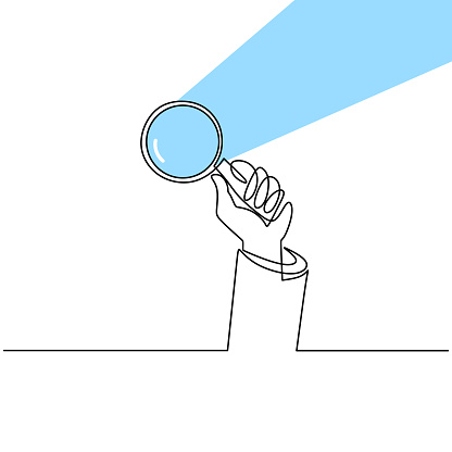 Hand holding magnifying glass one line drawing vector illustration continuous single hand drawn. Magnifying glass with reflected sunlight. The concept of theory of science with minimalist design