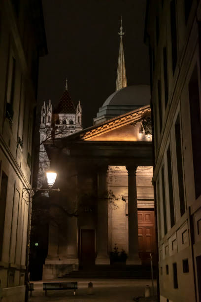 Saint Peters Cathedral at Night in Geneva in Switzerland.