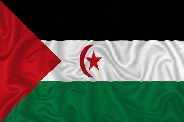 Sahrawi Arab Democratic Republic flag on wavy silk textile fabric background.