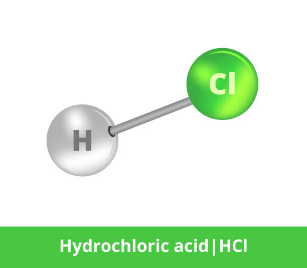 векторная шариковая и палка модели минеральной кислоты. икона соляной кислоты hcl структура, состоящая из хлора и водорода. структурная форм - hydrogen molecule white molecular structure stock illustrations