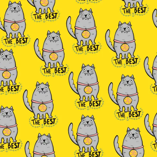 Vector illustration of Vector seamless pattern with cat and cat's best lettering.