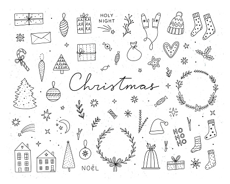 Christmas doodles isolated on white background. Cute hand drawn winter elements: Christmas tree, decorative wreaths, sweets, gifts