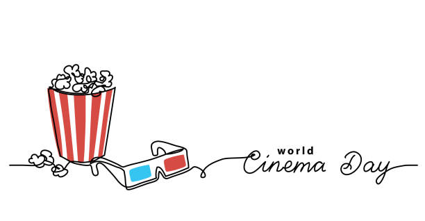 Cinema day vector illustration with popcorn bucket and 3d glasses. One line drawing art illustration with lettering world cinema day Cinema day vector illustration with popcorn bucket and 3d glasses. One line drawing art illustration with lettering world cinema day. film drawings stock illustrations