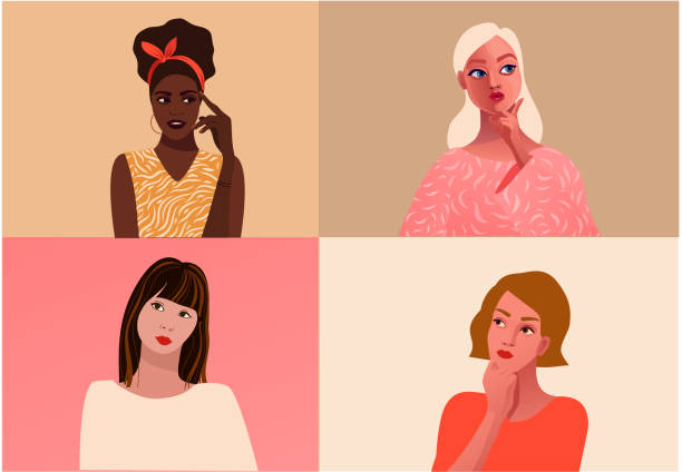 Different ethnicity women. The struggle for rights Women questioning. Set of multi-ethnic beauty. Different ethnicity women. African, Asian, European. The struggle for rights, independence, equality. Black woman. Women power. portrait confidence stock illustrations