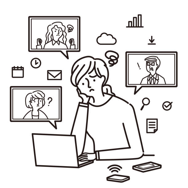 ilustraciones, imágenes clip art, dibujos animados e iconos de stock de negocios: una trabajadora que trabaja en problemas (vector.stroke) - working at home calendar laptop women
