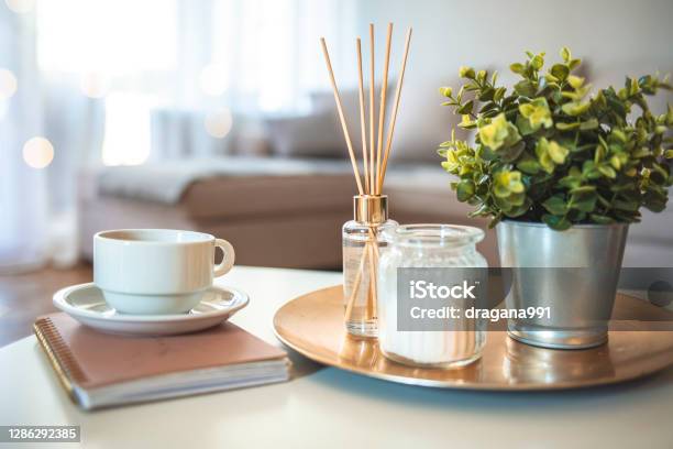 Hygge And Aromatherapy Concept Stock Photo - Download Image Now - Office, Air Freshener, Architecture