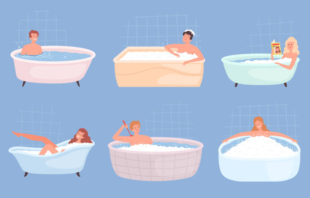 入浴中の人。幸せな人男性と女性の洗濯体と浴槽ベクトル文字でリラックス - bathtub点のイラスト素材／クリップアート素材／マンガ素材／アイコン素材