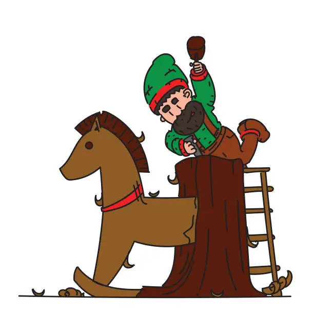 Vector illustration of Christmas elf sculpting a wooden horse out of a tree trunk.