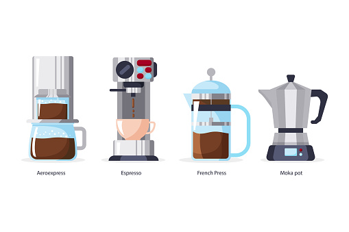 Flat design coffee brewing methods set Vector illustration.