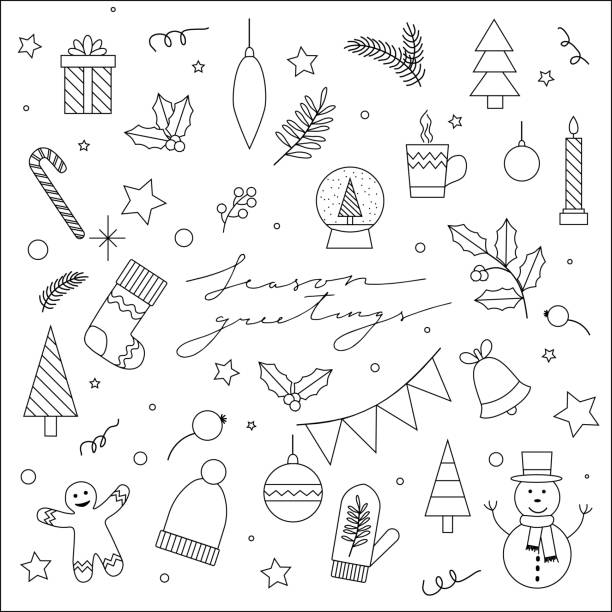 istock Set of Christmas line art icons - snowman, gift box, decorations. Vector illustration isolated on white background. 1286297575
