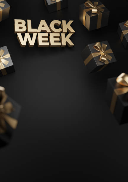 istock 3d rendering of Black Week Super Sale. Realistic black gifts boxes. Pattern with black gift box. Dark background golden text lettering. Horizontal banner, poster, header website. 1286298764