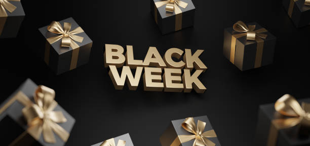 3d-rendering von black week super sale. realistische schwarze geschenke-boxen. muster mit schwarzen geschenk-box. dunkle hintergrund goldenen text schriftzug. horizontales banner, poster, header-website. - week stock-fotos und bilder