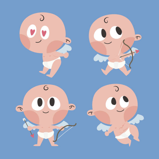 baby cupid engel mit pfeil und bogen vektor-illustration - angel cherub heart shape smiling stock-grafiken, -clipart, -cartoons und -symbole