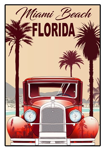 Florida, Miami poster with old car - vector illustration
